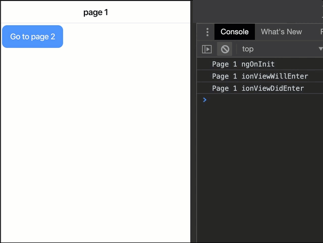 Animated GIF showing Ionic page life cycle events in a console log as a page transition occurs.
