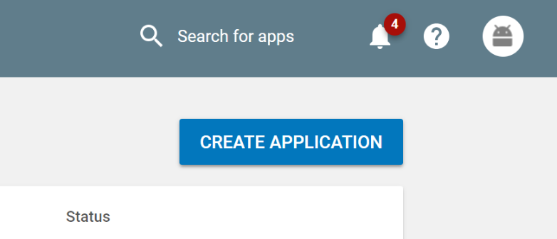 The Google Play Store Developer Console with the &#39;CREATE APPLICATION&#39; button highlighted.