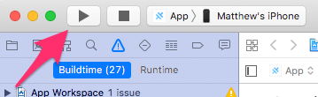 Xcode toolbar highlighting the Build button used to compile and run an iOS app.