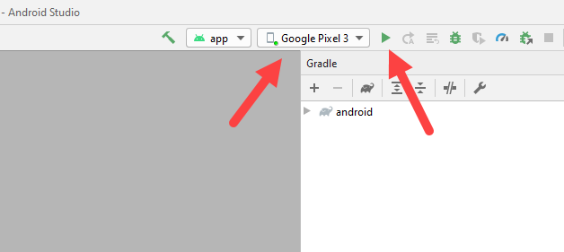 Arrows pointing to the run configuration and device selection in Android Studio.